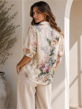 LUCKY & COCO FLORAL SHEER BUTTON FRONT BLOUSE